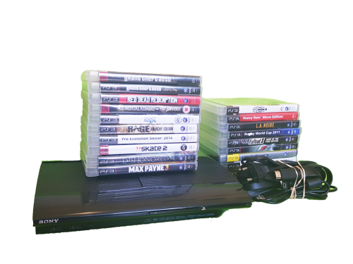 Sony Playstation 3 SuperSlim 12GB Console PS3 System + 2 Controllers + 23 Games - In Great Condition