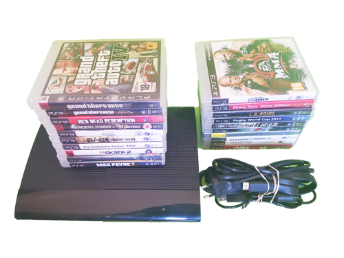 Sony Playstation 3 SuperSlim 12GB Console PS3 System + 2 Controllers + 23 Games - In Great Condition