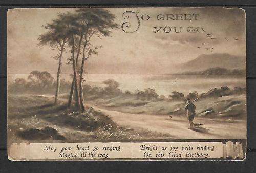 1915 British antique card - embossed - with 1 penny stamp & message - great item as per scan