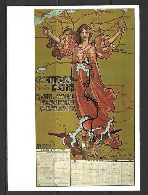 Swiss Postcard - modern print of 1902 Poster of Gotthard-Bahn - un-used