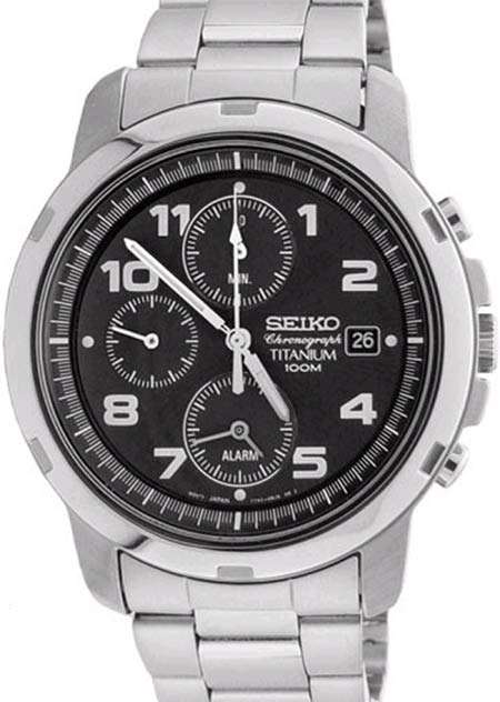 **R1 no reserve**SEIKO MENS TITANIUM CHRONOGRAPH ALARM 100M BLACK WATCH SNA113