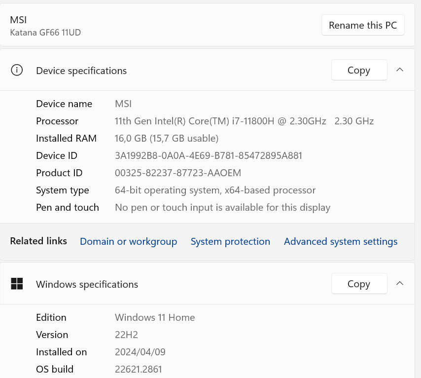 MSI Katana GF-66 11800H/16GB/1TB/RTX 3050Ti 4GB Laptop