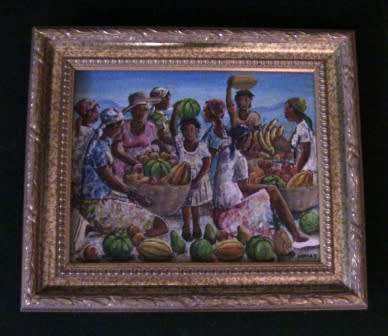 OIL ON CANVAS PAINTING OF FRUIT SELLERS IN GOLD FRAME