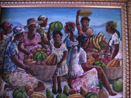 OIL ON CANVAS PAINTING OF FRUIT SELLERS IN GOLD FRAME