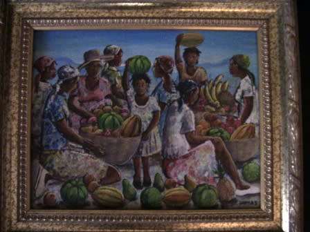 OIL ON CANVAS PAINTING OF FRUIT SELLERS IN GOLD FRAME