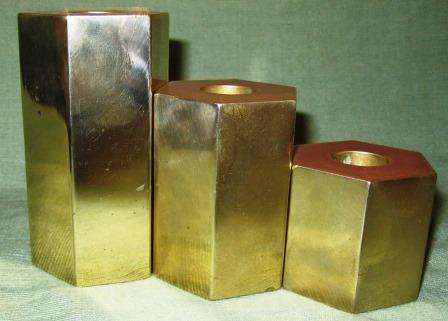 VINTAGE MID CENTURY MODERN SET OF THREE HEXAGONAL BRASS CANDLE STICKS