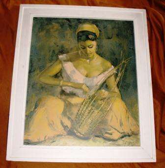 SCARCE RETRO 1950S VAN CLEEF PRINT"THE BASKET MAKER" IN ITS ORIGINAL 1950S WHITE FRAME