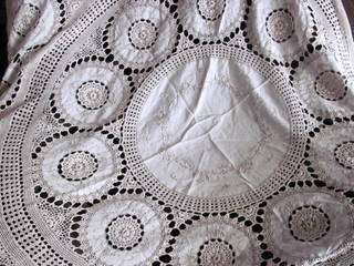 Vintage Crochet and Embroided Round Tablecloth....