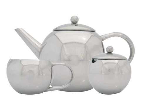 3 Piece stainless steel set includes teapot, milk and sugar bowl