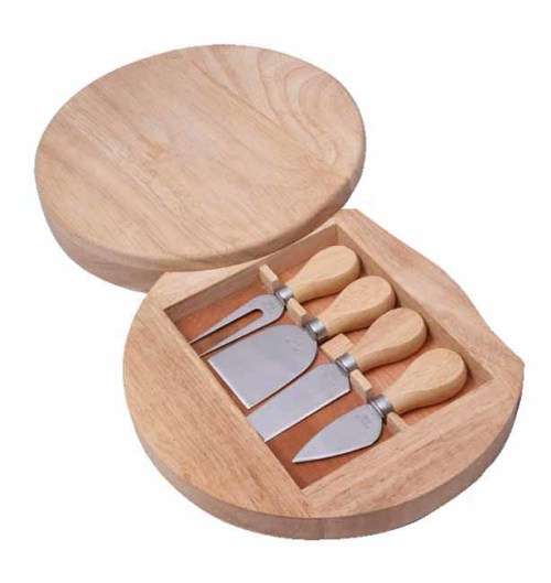 5 Piece stainless steel cheese knife set rubber wood board