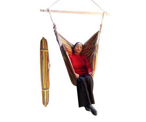 Striped cotton canvas hanging chair in drawsting bag