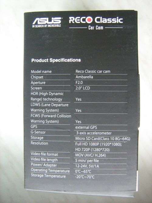 ASUS RECO Classic Car Cam GPS Vehicle Dash Camera