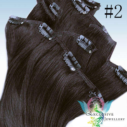 EXCLUSIVE JEWELLERY - Deluxe 7pcs Dark Brown Clip-in Human Hair Extenstions - 16 Inches