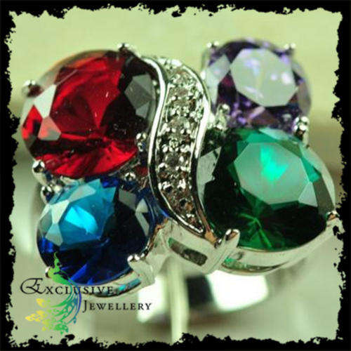 EXCLUSIVE JEWELLERY -.925 Sterling Silver Garnet, Peridot ,Amethyst, Quartz Ring (Size 7)