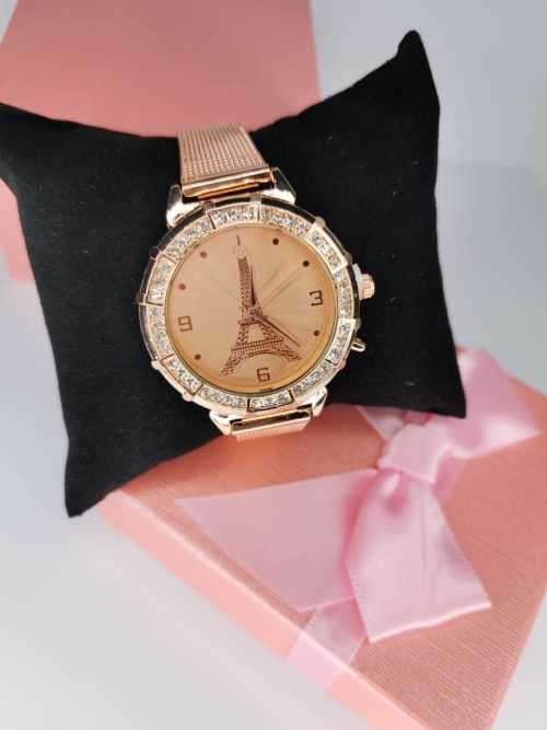 Ladies rose gold diamante eiffel tower design watch