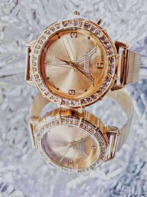 Ladies golden diamante Eiffel tower design wristwatch