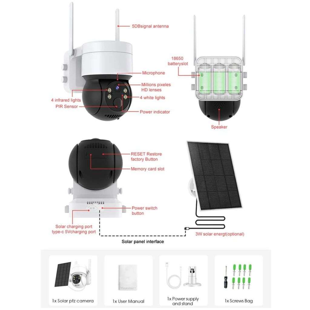 Wireless Solar Security Camera 5MP 1080P With Color Night Vision & 8GB Card