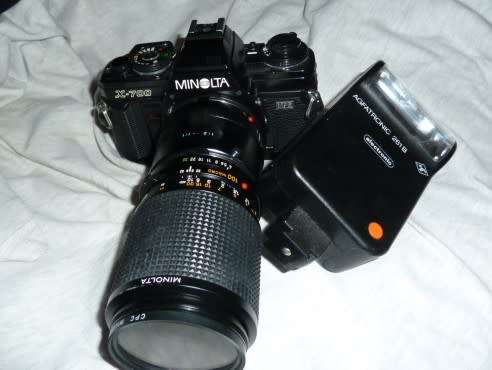 Minolta X-700 Manual Film Camera with MD Macro 100 m lenses and Agfa flash.