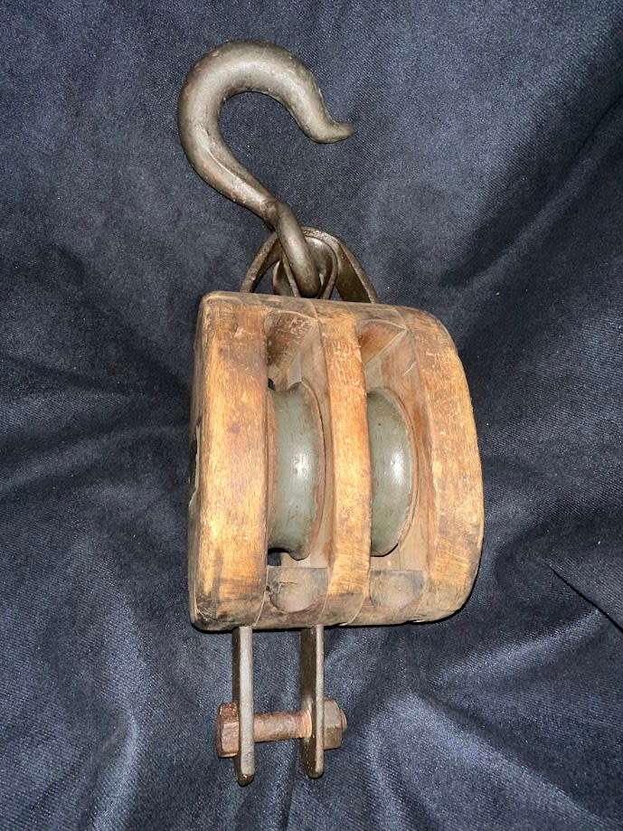 Vintage Block and Tackle   Double Wheel Pulley, Wood and Iron Nautical Maritime