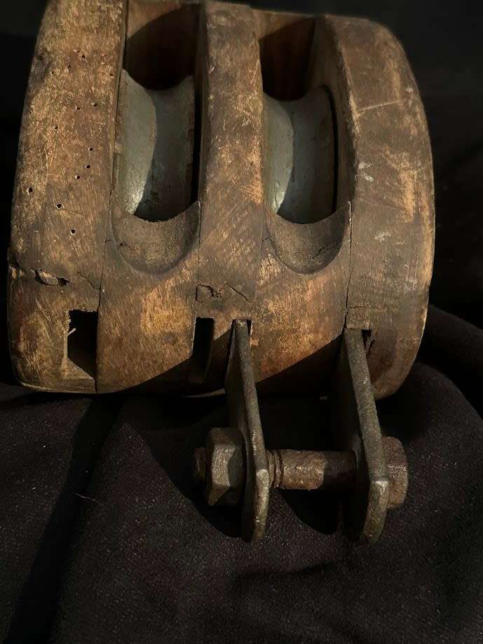 Vintage Block and Tackle   Double Wheel Pulley, Wood and Iron Nautical Maritime