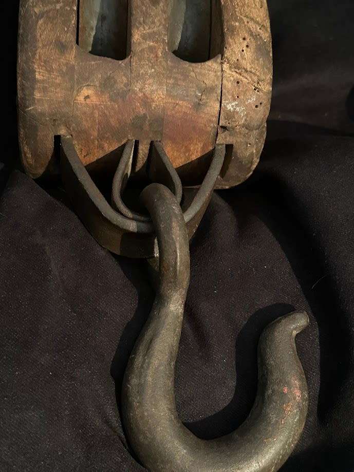 Vintage Block and Tackle   Double Wheel Pulley, Wood and Iron Nautical Maritime