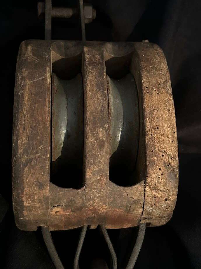 Vintage Block and Tackle   Double Wheel Pulley, Wood and Iron Nautical Maritime
