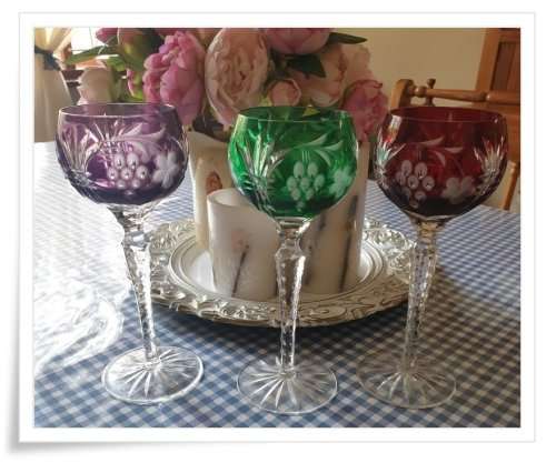 3 Hand Cut Bohemian Harlequin Hock Glasses Just for You C29