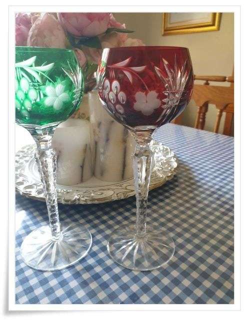 3 Hand Cut Bohemian Harlequin Hock Glasses Just for You C29