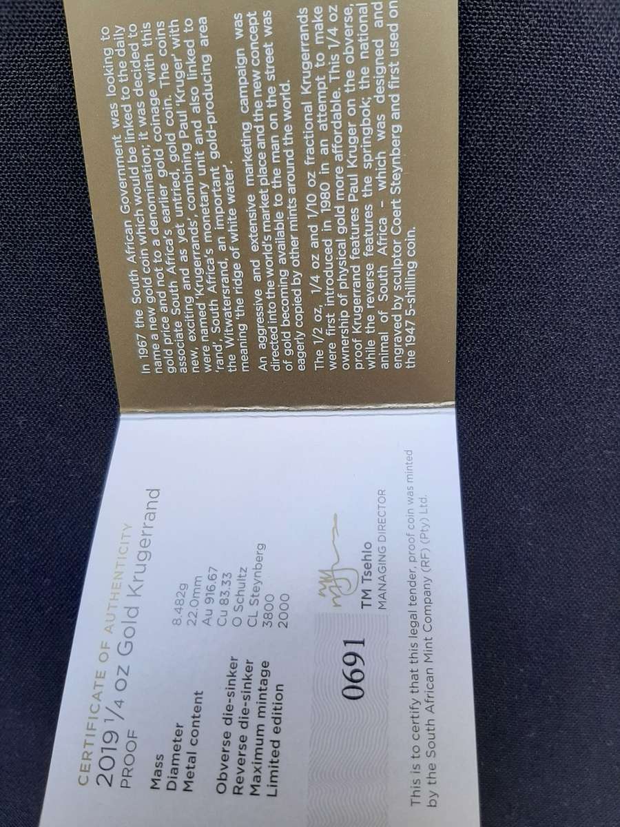 2019 Quarter 1/4 oz Ounce Proof Gold Krugerrand