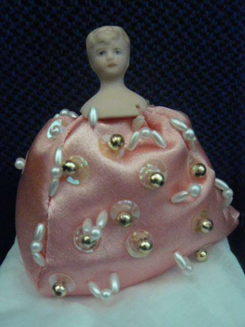 PORCELAIN TOP PIN CUSHION DOLL - HAND BEADDED