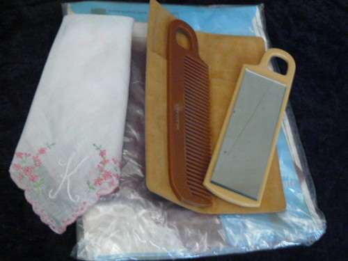 VINTAGE STOCKINGS, EMBROIDERED HANKY AND COMB - MIRROR SET