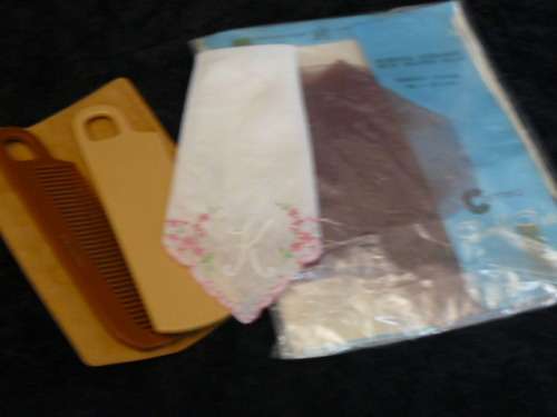 VINTAGE STOCKINGS, EMBROIDERED HANKY AND COMB - MIRROR SET