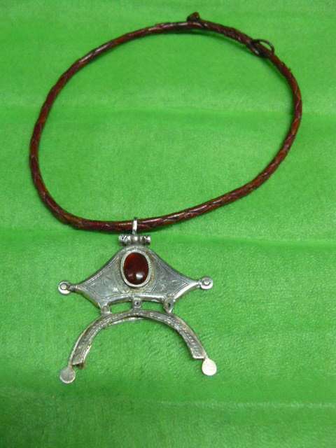 PENDANT SILVER WITH STONE - STRUNG ON LEATHER