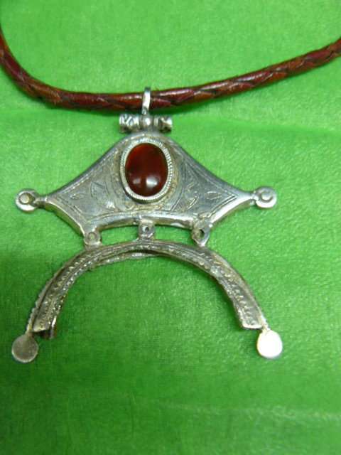 PENDANT SILVER WITH STONE - STRUNG ON LEATHER