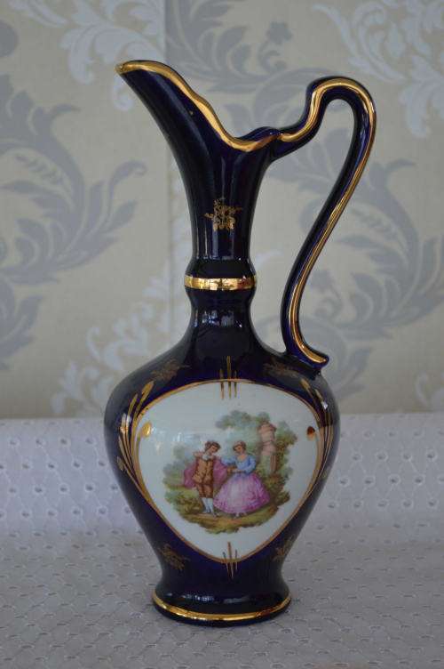 Stunning French porcelain large cobolt hand painted Jug 27cm