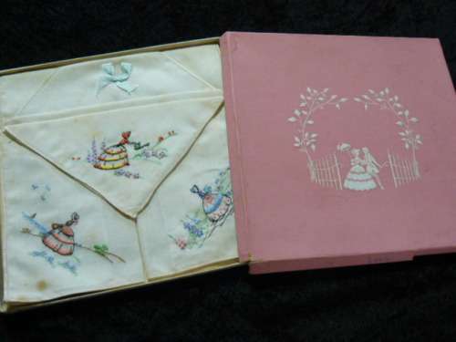 VINTAGE COTTON EMBROIDERED HANKIES ORIGINALY BOXED NORTHERN IRELAND