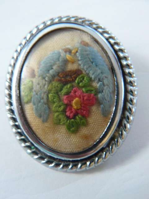 BROOCH SILVER TONED WITH EMBROIDERY