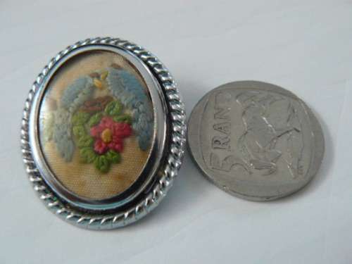 BROOCH SILVER TONED WITH EMBROIDERY