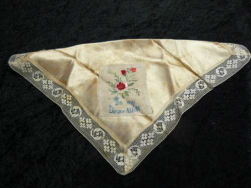 SILK HANKIE VERY OLD WITH LACE TRIM AND EMBROIDERY