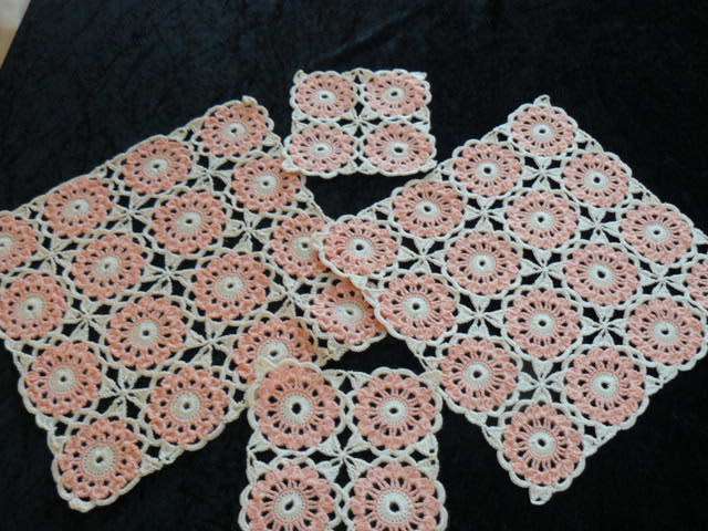 VINTAGE HAND CROCHETED DOILIE SET PEACH AND CREAM