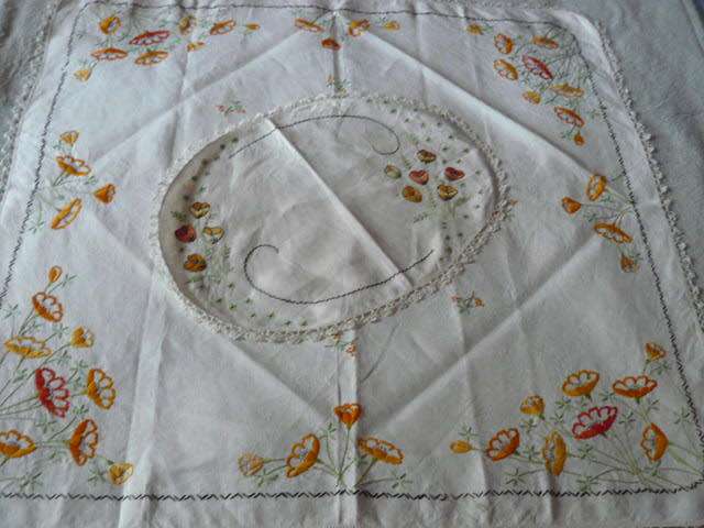 MOST STUNNING VINTAGE COTTON EMBROYDERED TABLE CLOTH AND TRAY CLOTH VINTAGE REDUCED!!!!!!!