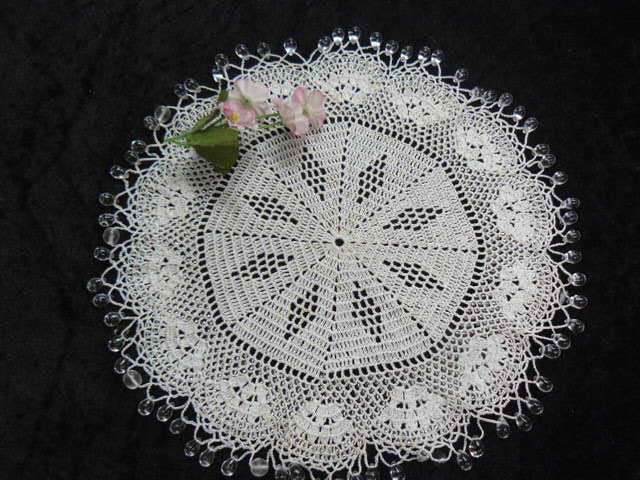 VINTAGE HAND CROCHETED AND BEADDED JUG COVER 23 CM FINE AND BLING
