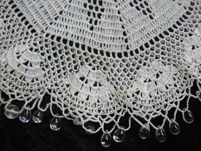 VINTAGE HAND CROCHETED AND BEADDED JUG COVER 23 CM FINE AND BLING