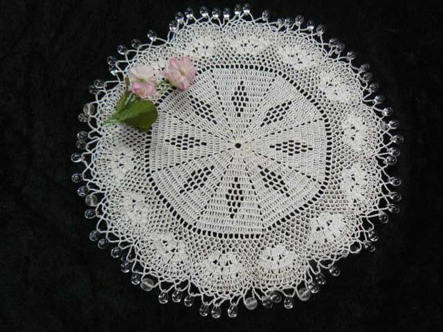 VINTAGE HAND CROCHETED AND BEADDED JUG COVER 23 CM FINE AND BLING