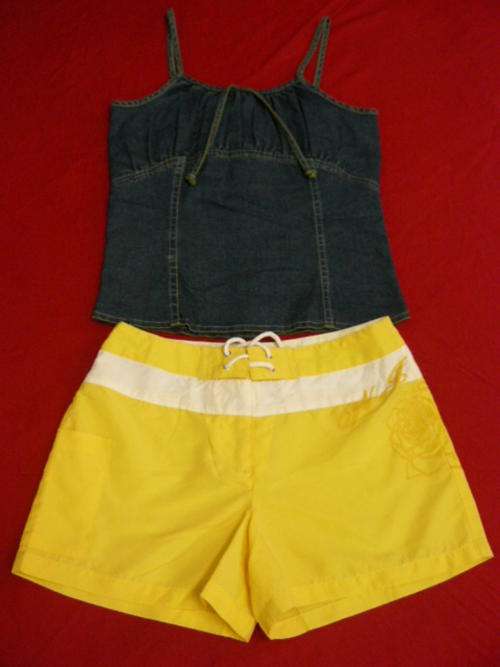 SHORT BAGGY MATERIAL SHORTS WITH DENIM STRAP TOP 13-14 YEARS