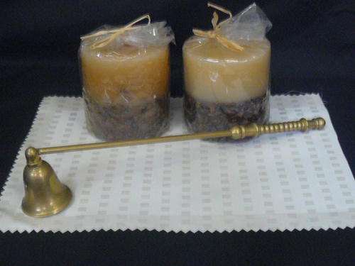 LOVELY OLD CANDLESNUFFER AND 2 CANDLES