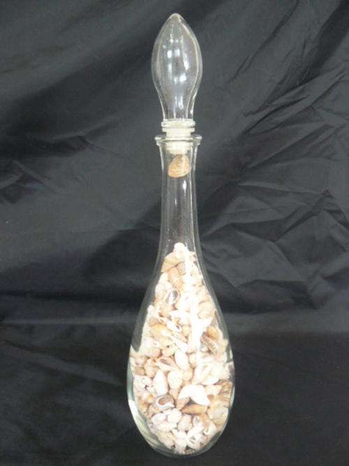 LOVELY GLASS BOTTLE WITH STOPPER FILLED WITH SHELLS 29 CM TALL