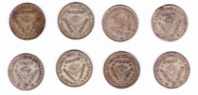8 x South Africa 3 Pence coins