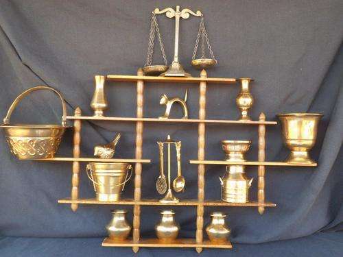 5 TIER WOODEN WALL SHELF + BRASS ORNAMENTS