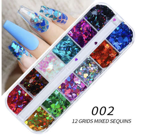 12 Grids Colorful Heart Nail decoration